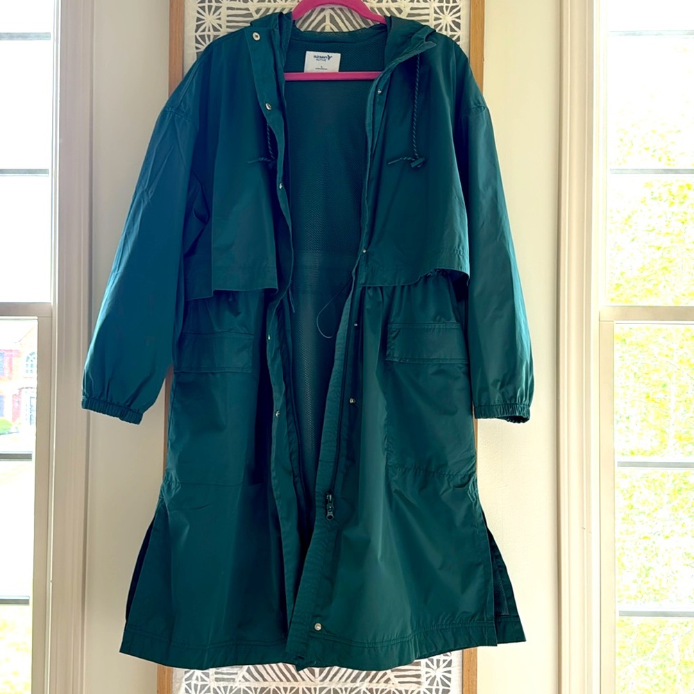 Old Navy Teal Hooded Long Raincoat